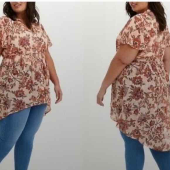 Torrid Top Womens 1X Orange Floral Chiffon Babydoll Sheer Hi Low Hem Boho - Picture 1 of 9